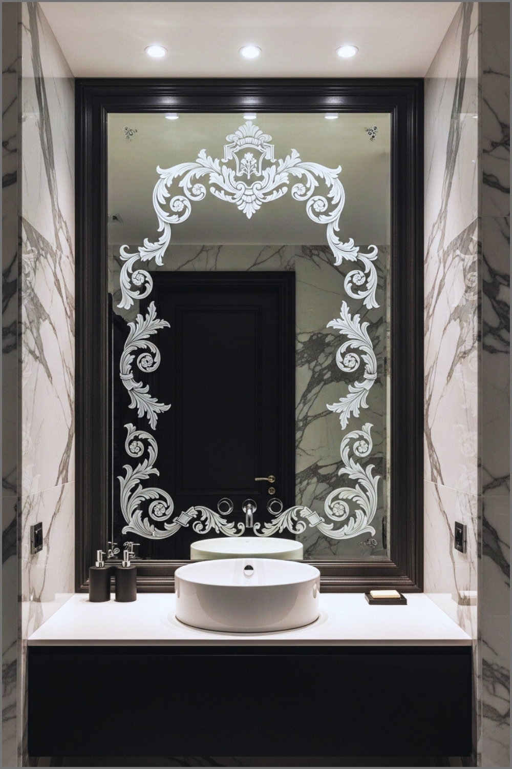 Luxury Bathroom With Large Mirror Featuring Ornate White Etched