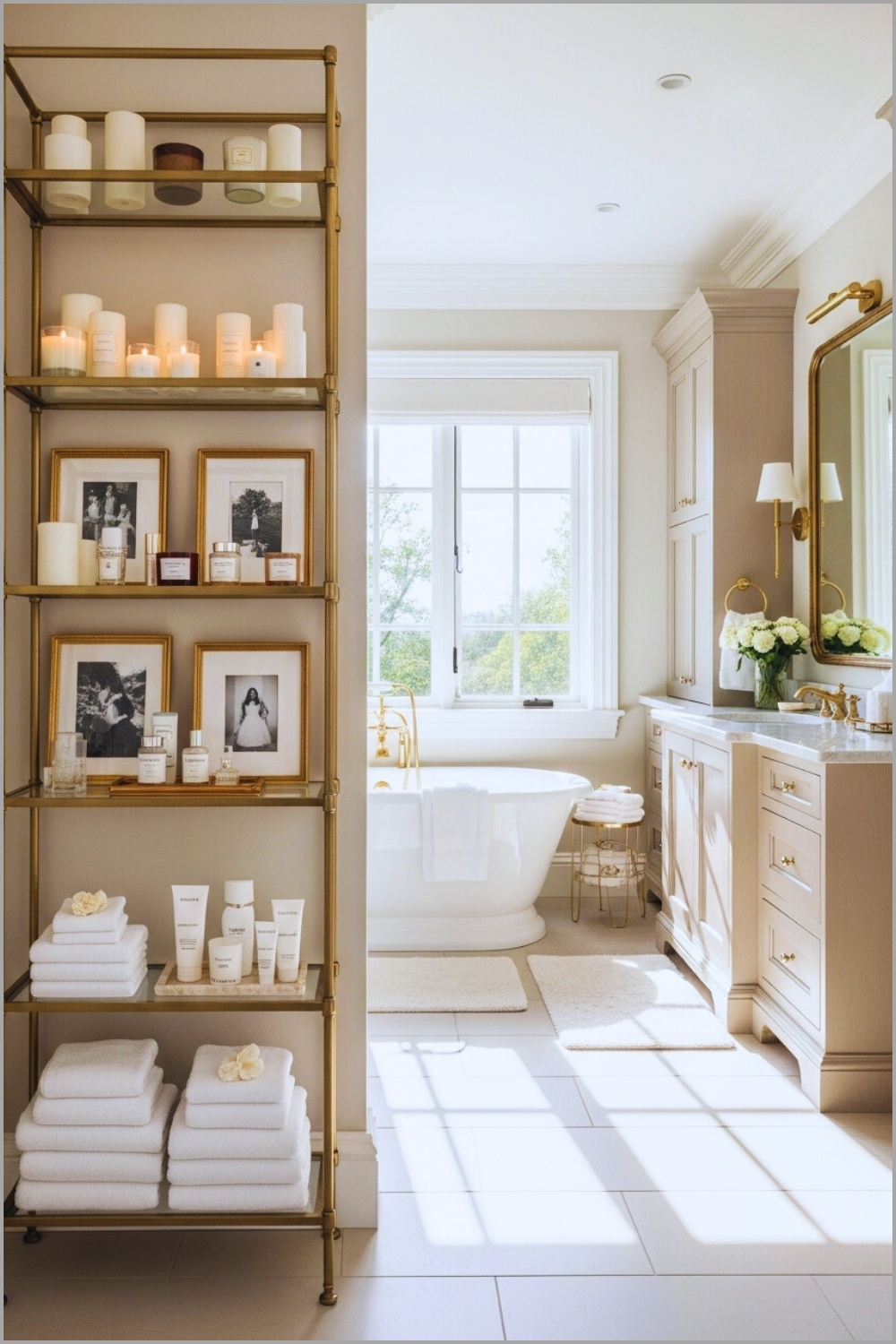 Luxury Bathroom With Tall Brass Shelving Unit Near Window