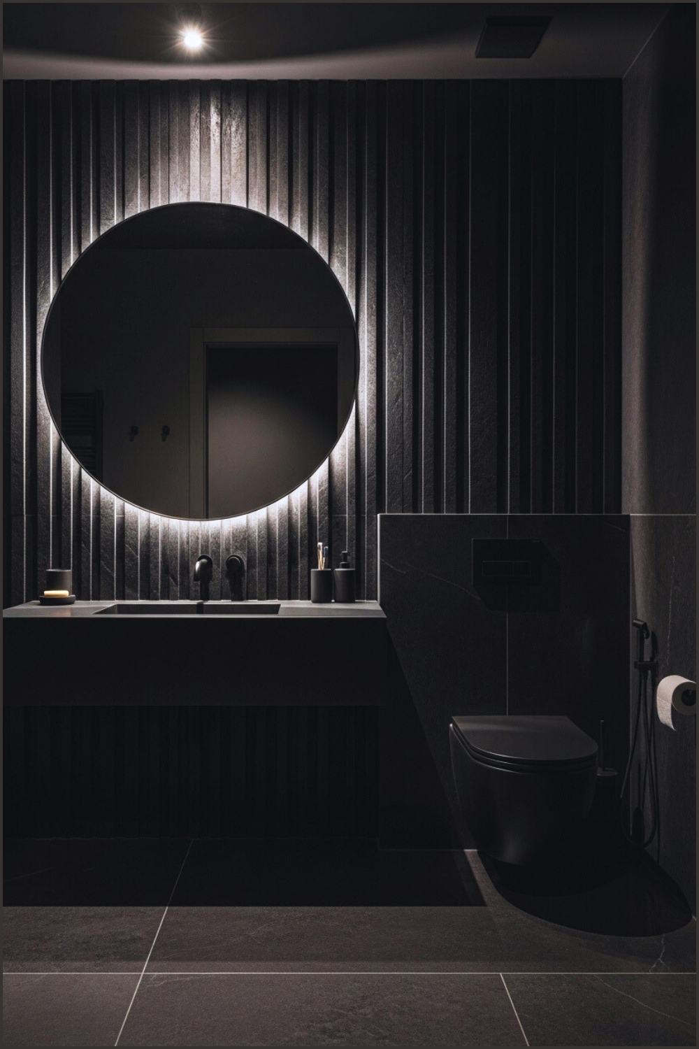 Luxury Bathroom With Textured Charcoal-black Wall Panels