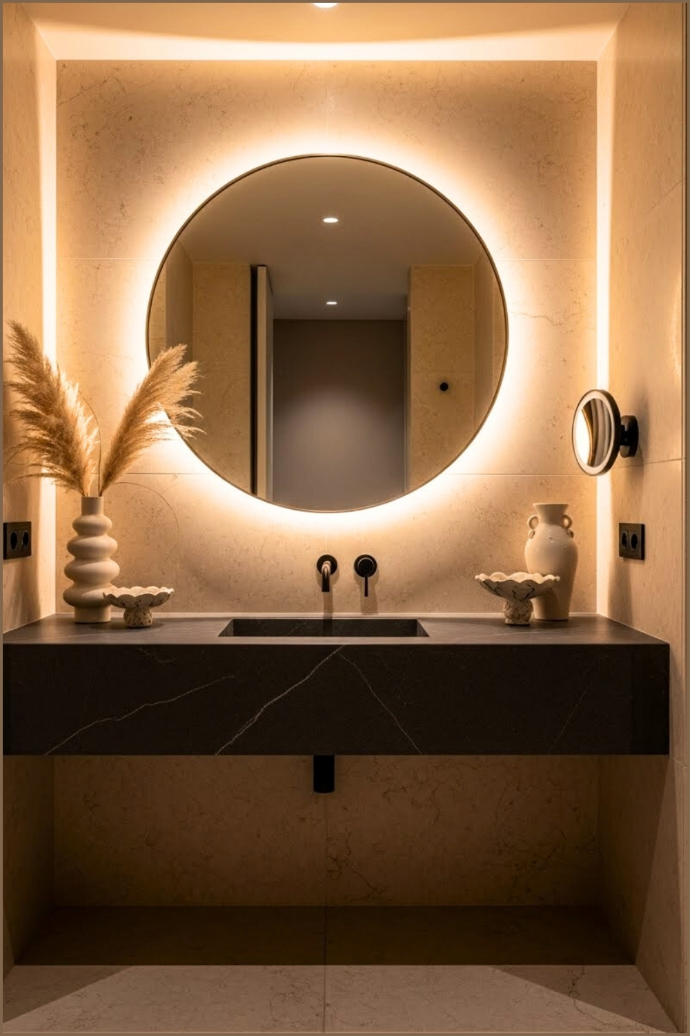 Luxury Beige Marble Bathroom With Soft Warm Lighting