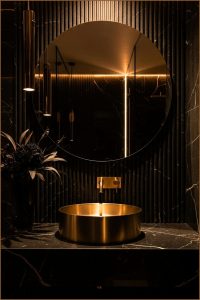 Luxury Black Marble Bathroom With A Brushed-gold Bowl Sink
