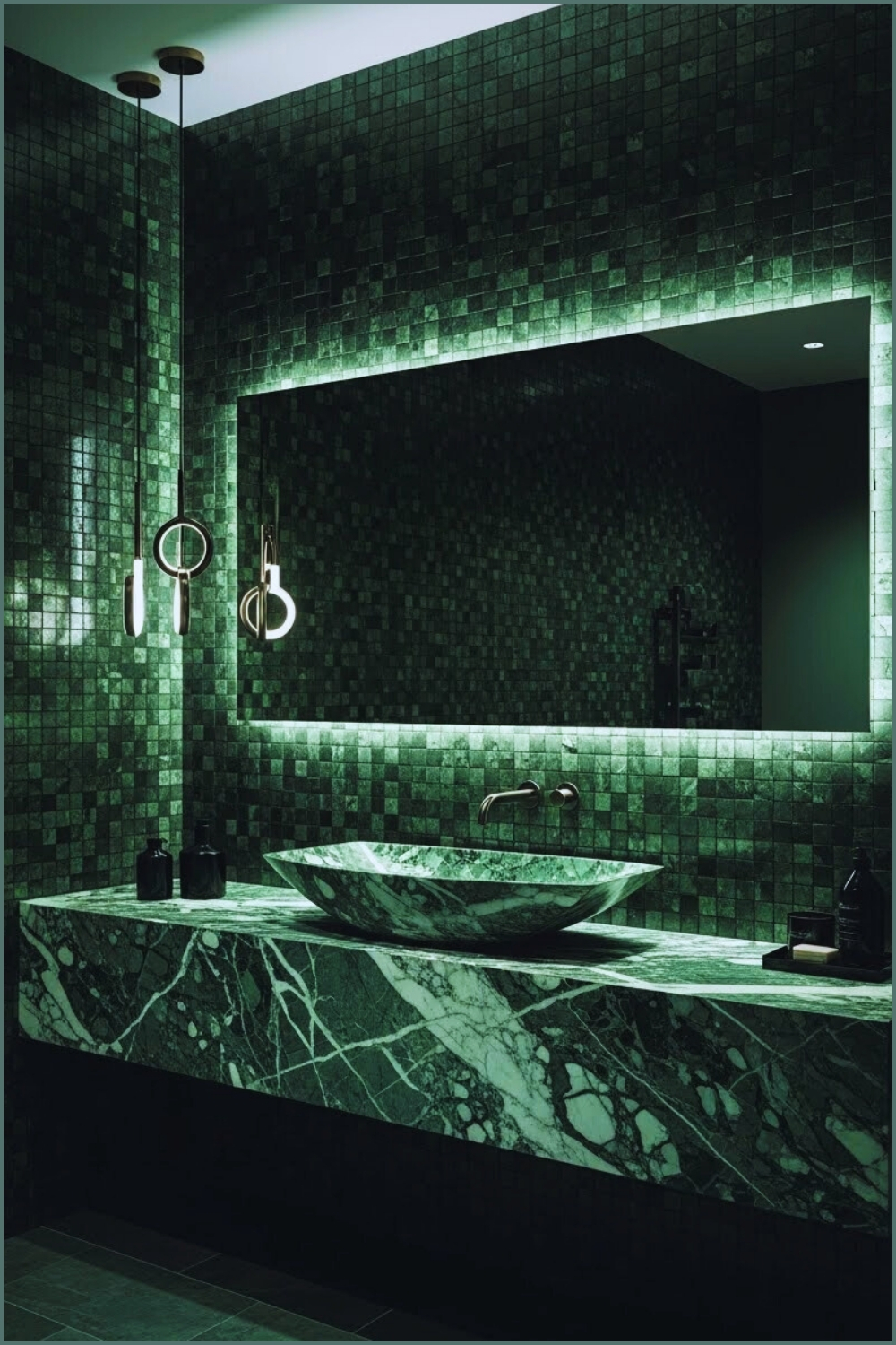 Luxury Dark Green Mosaic Tile Bathroom, Green Marble Vanity