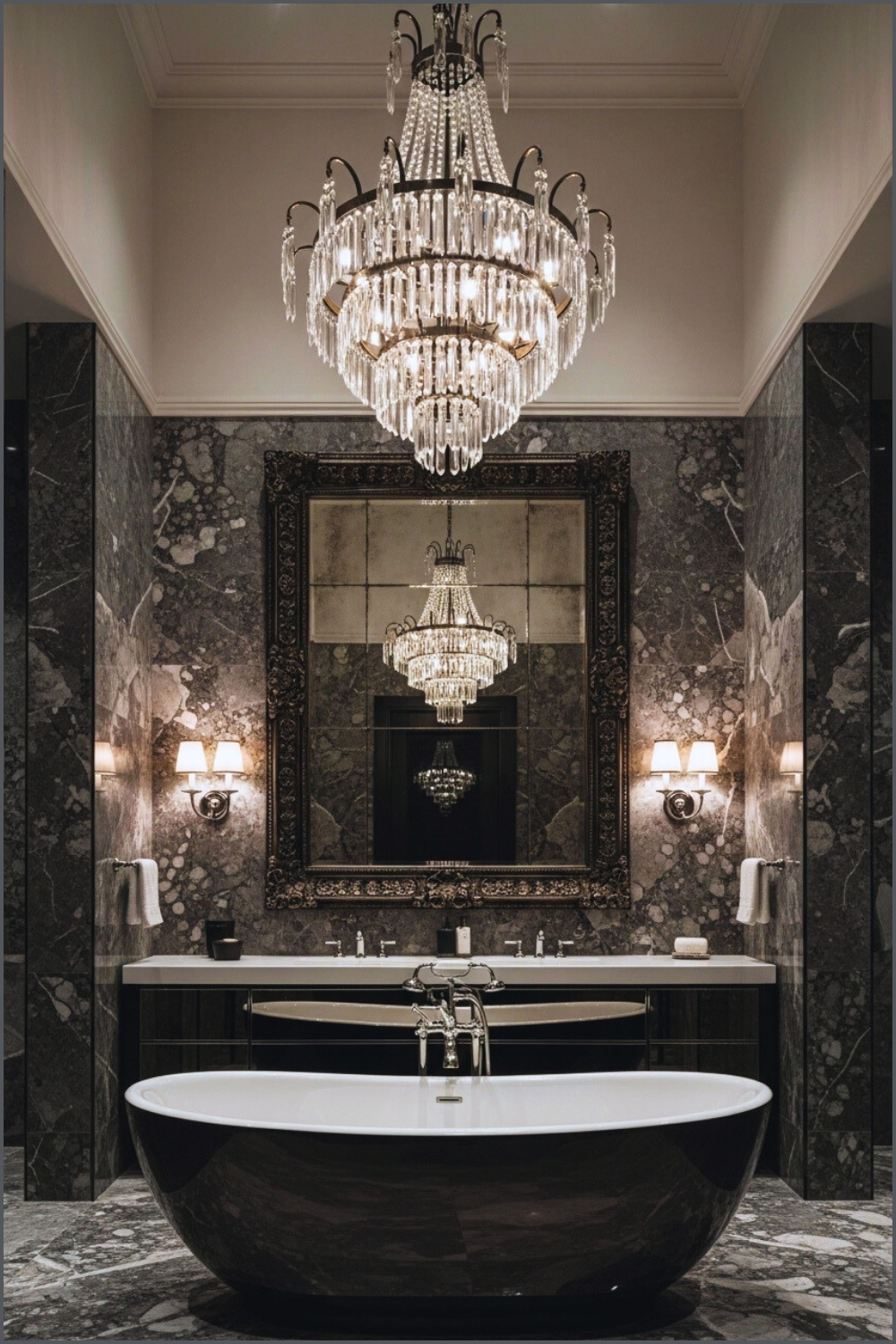 Luxury Dark Moody Bathroom, Ornate Crystal Chandelier
