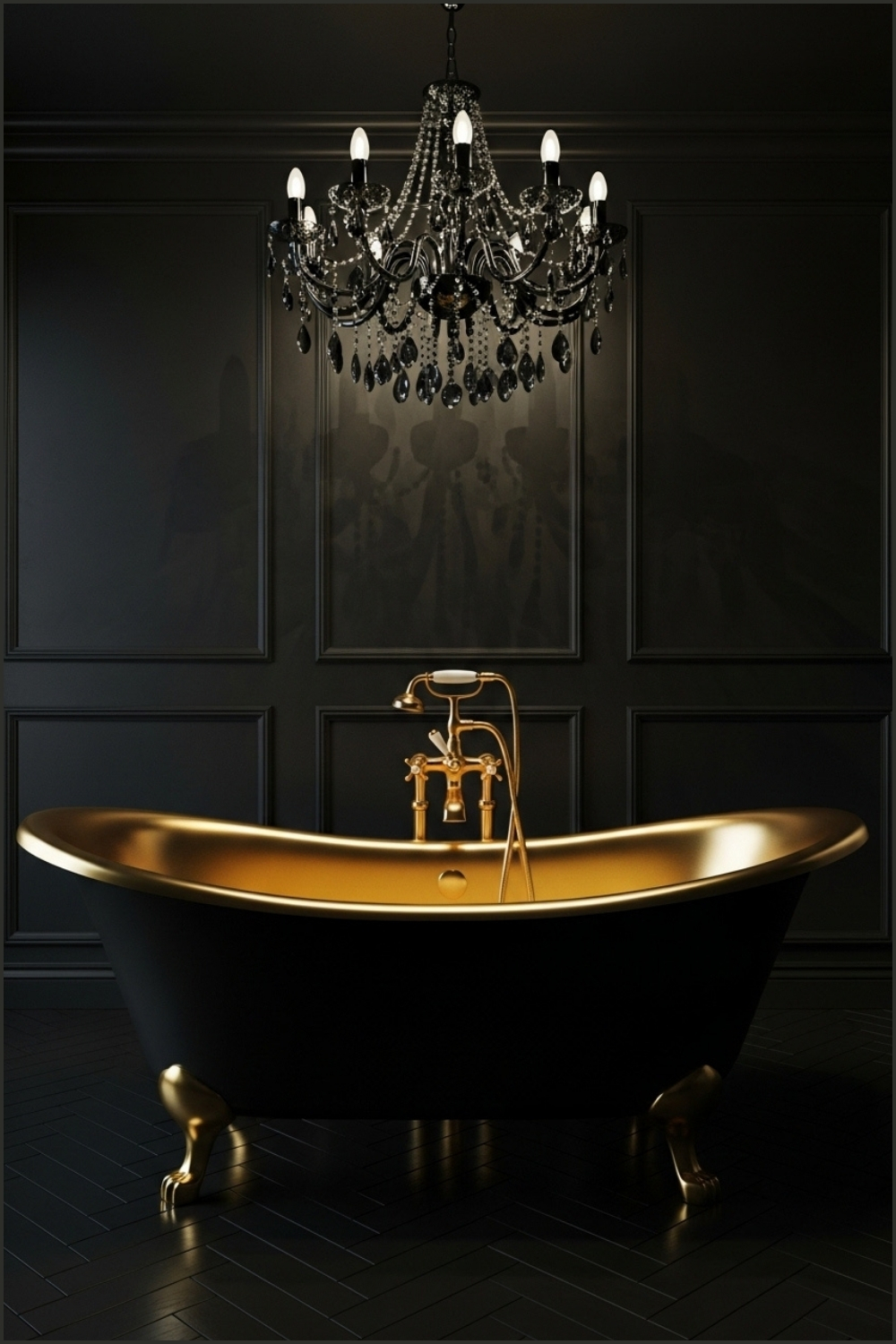 Luxury Gothic Bath Scene, Matte Black Walls With Subtle Texture