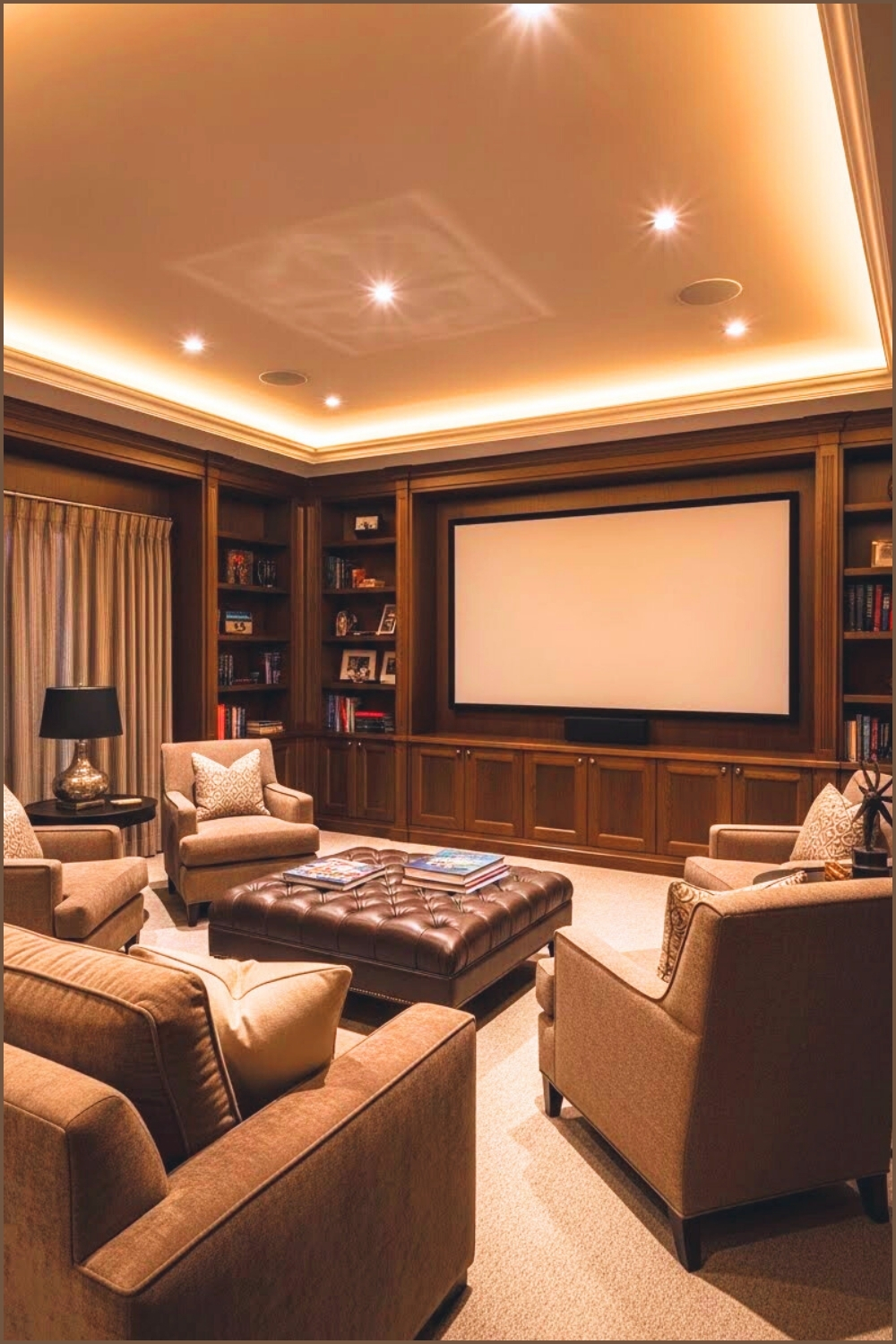 Luxury Home Theater Library Dark Wood Built In Bookshelves