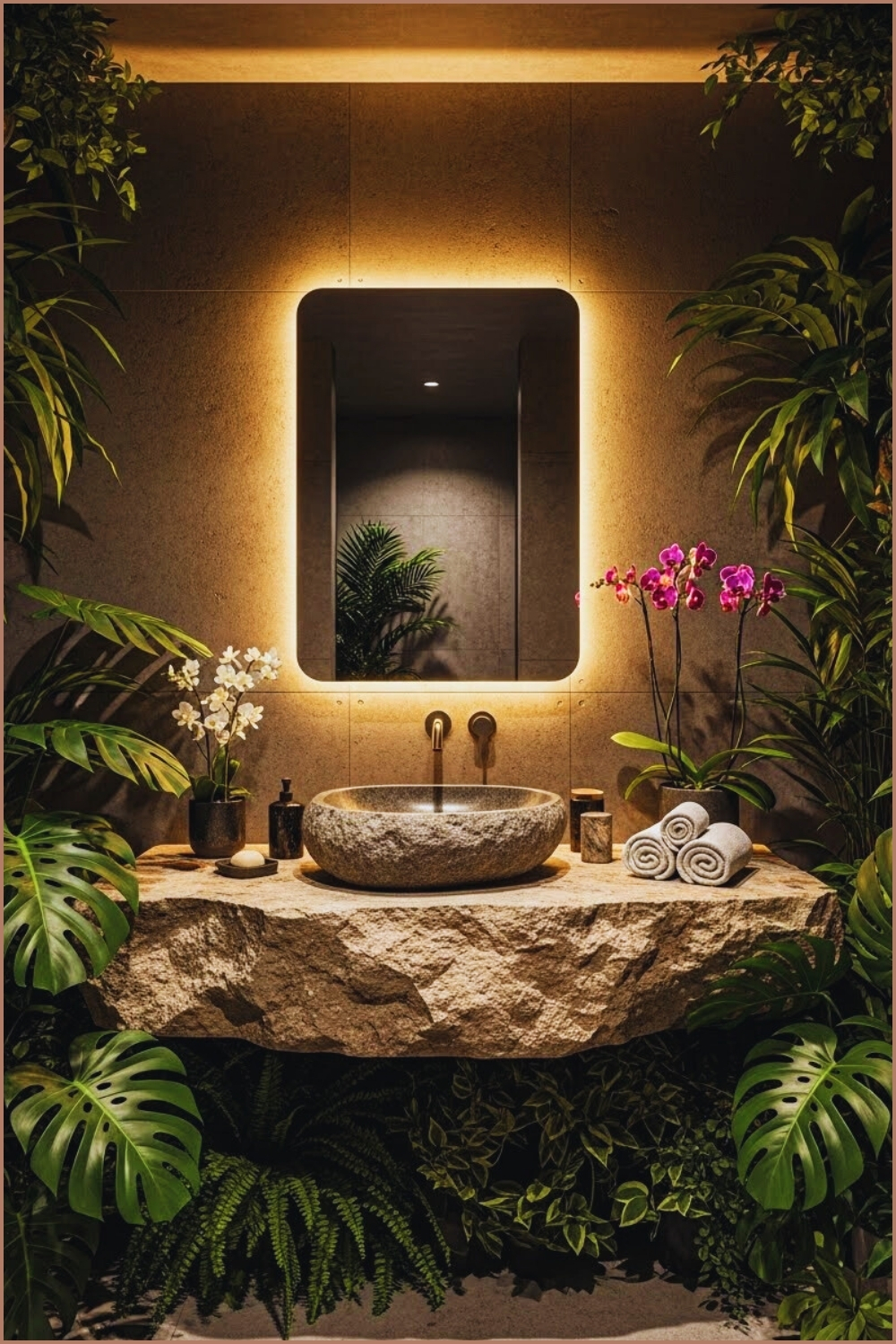 Luxury Jungle-inspired Bathroom With Rough Stone Countertop