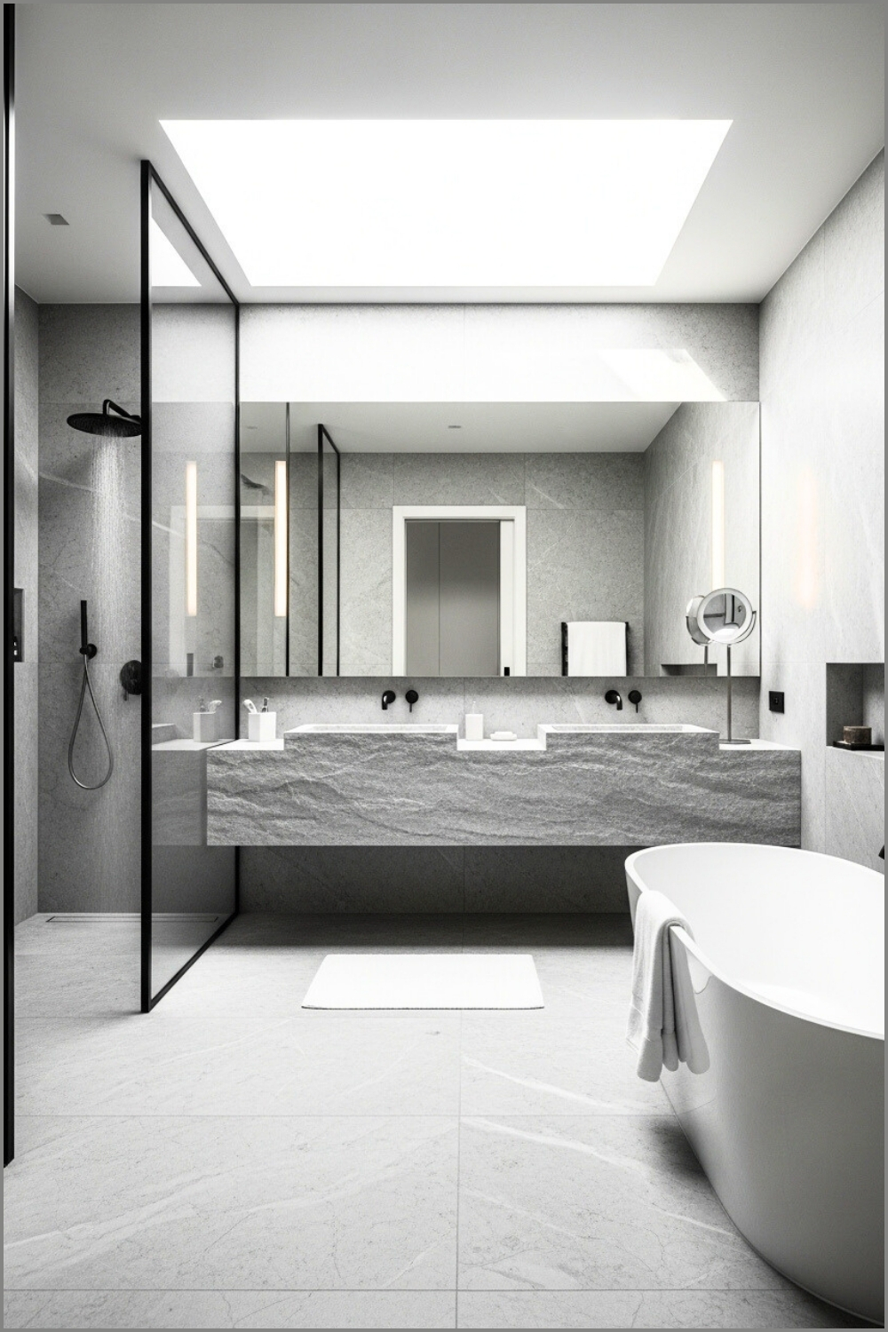Luxury Minimalist Bathroom With Grey Marble Walls And Floors