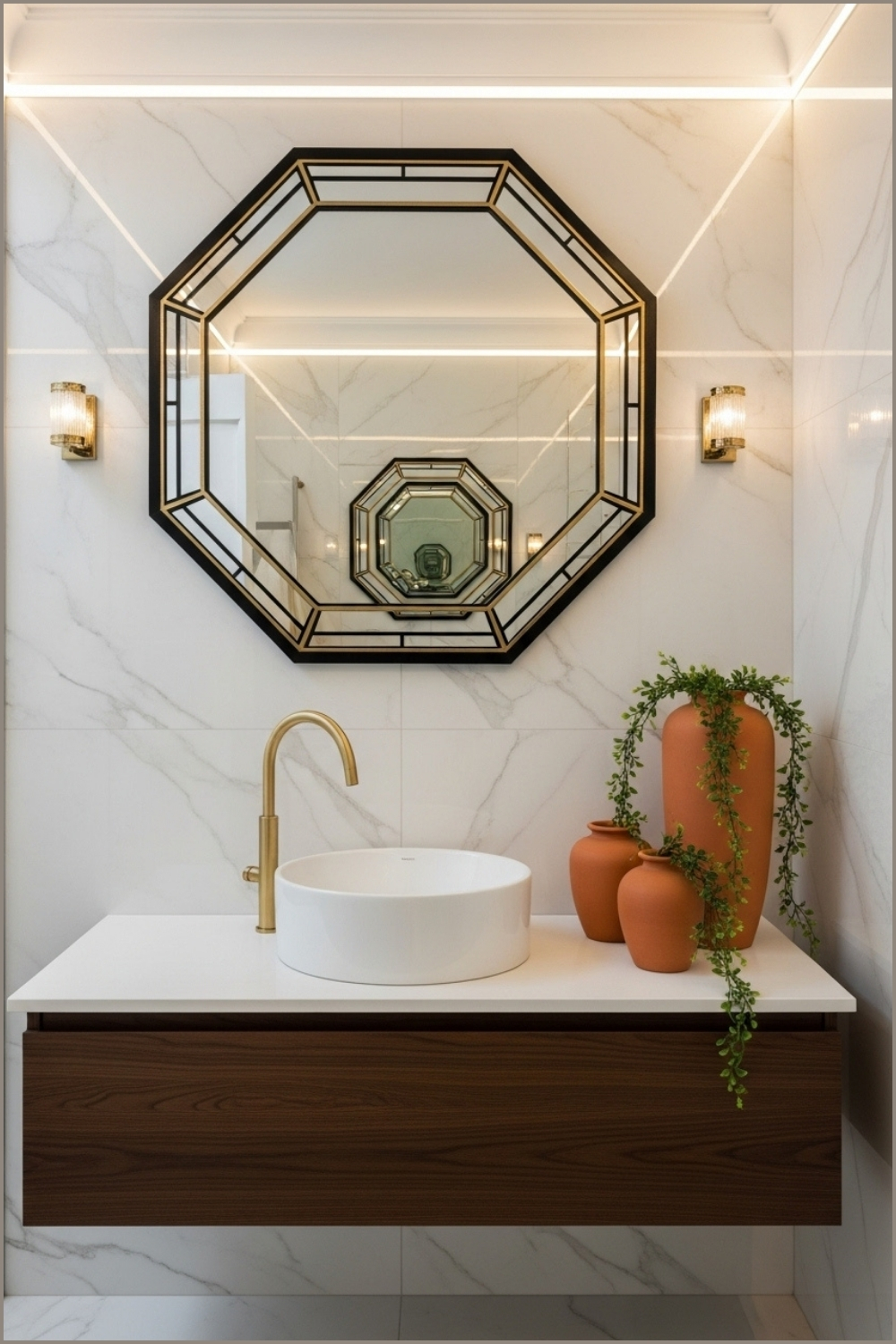 Luxury Modern Bathroom, Geometric Octagon Mirror With Black Frame
