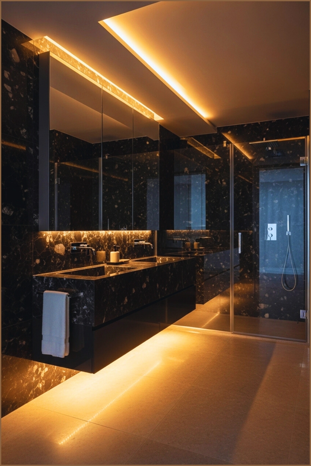 Luxury Modern Bathroom In Black Marble, Warm Led Lighting