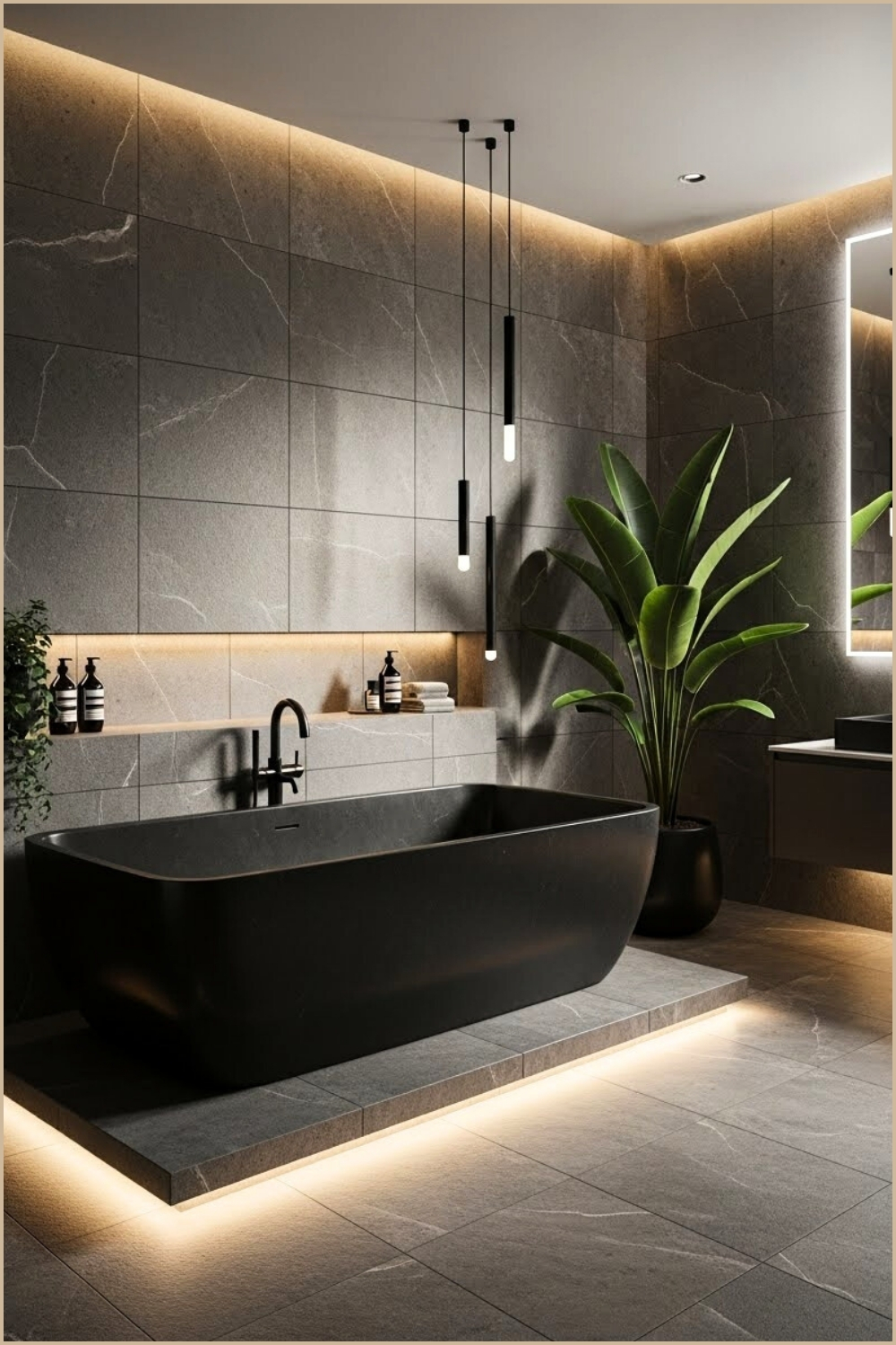Luxury Modern Bathroom With A Large Matte-black Stone Soaking