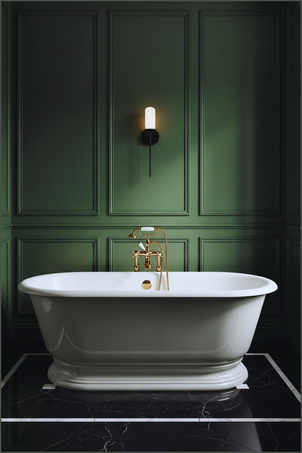 Luxury Modern Bathroom With Deep Forest-green Paneled Walls