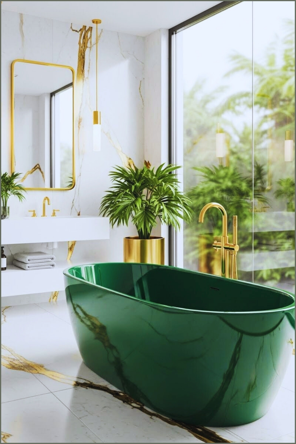 Luxury Modern Bathroom With Glossy Emerald Green Freestanding