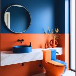 Luxury Modern Bathroom With Terracotta And Deep Blue Color Blocking