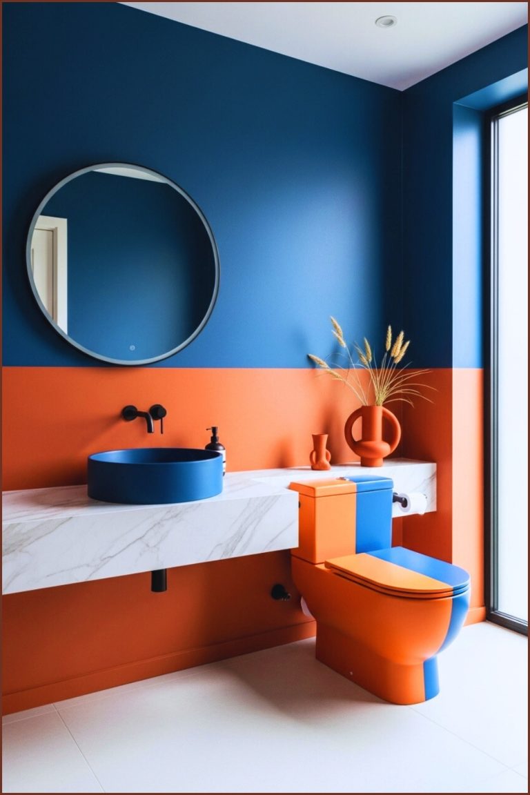 Luxury Modern Bathroom With Terracotta And Deep Blue Color Blocking
