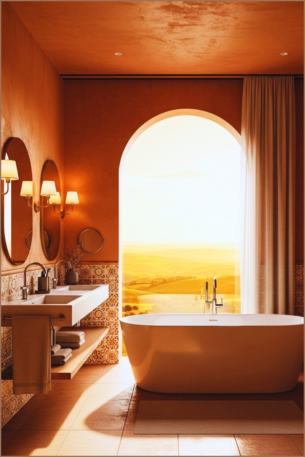 Luxury Modern Bathroom With Warm Terracotta Walls And Large Arched