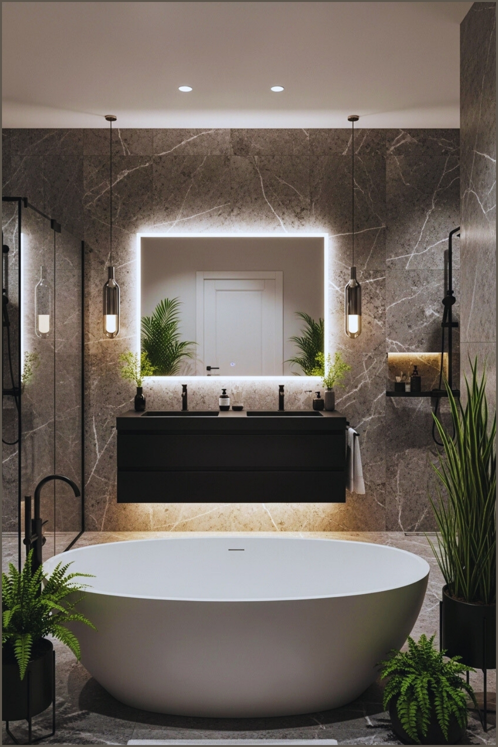 Luxury Modern Dark Bathroom With Freestanding Tub