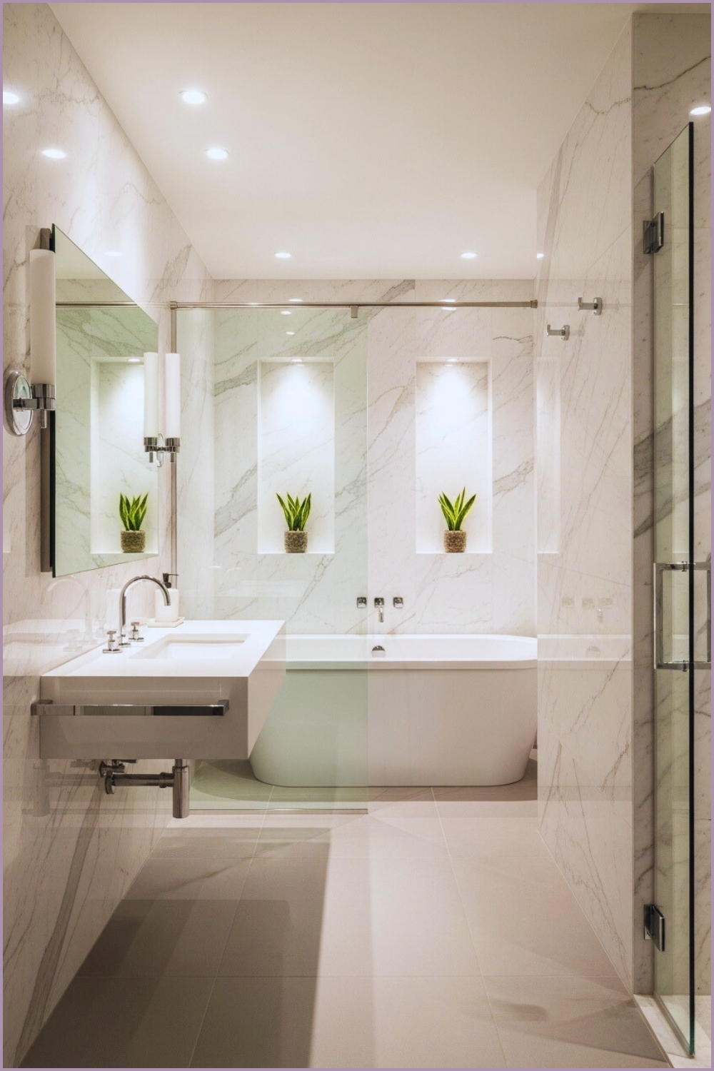 Luxury Narrow Bathroom, White Marble Walls, Glass Tub Enclosure