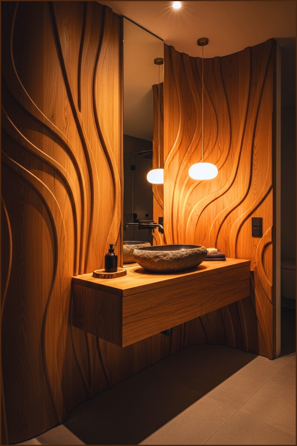 Luxury Organic Modern Bathroom, Sculpted Curved Wooden Wall