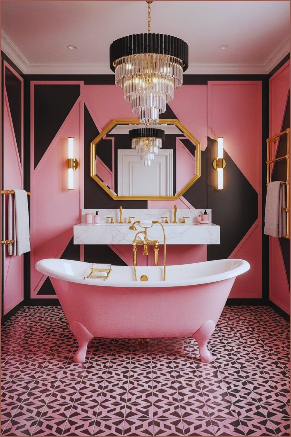 Luxury Pink And Black Bathroom With Geometric Wall Panels