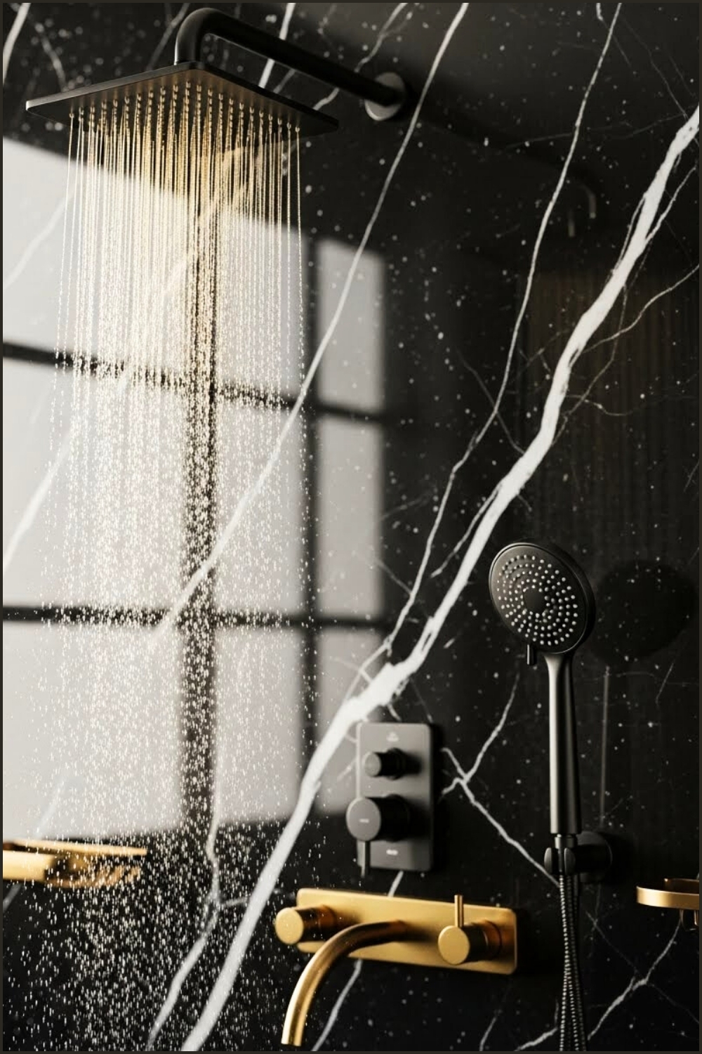 Luxury Shower Close-up, Matte Black Showerhead Releasing Sparkling