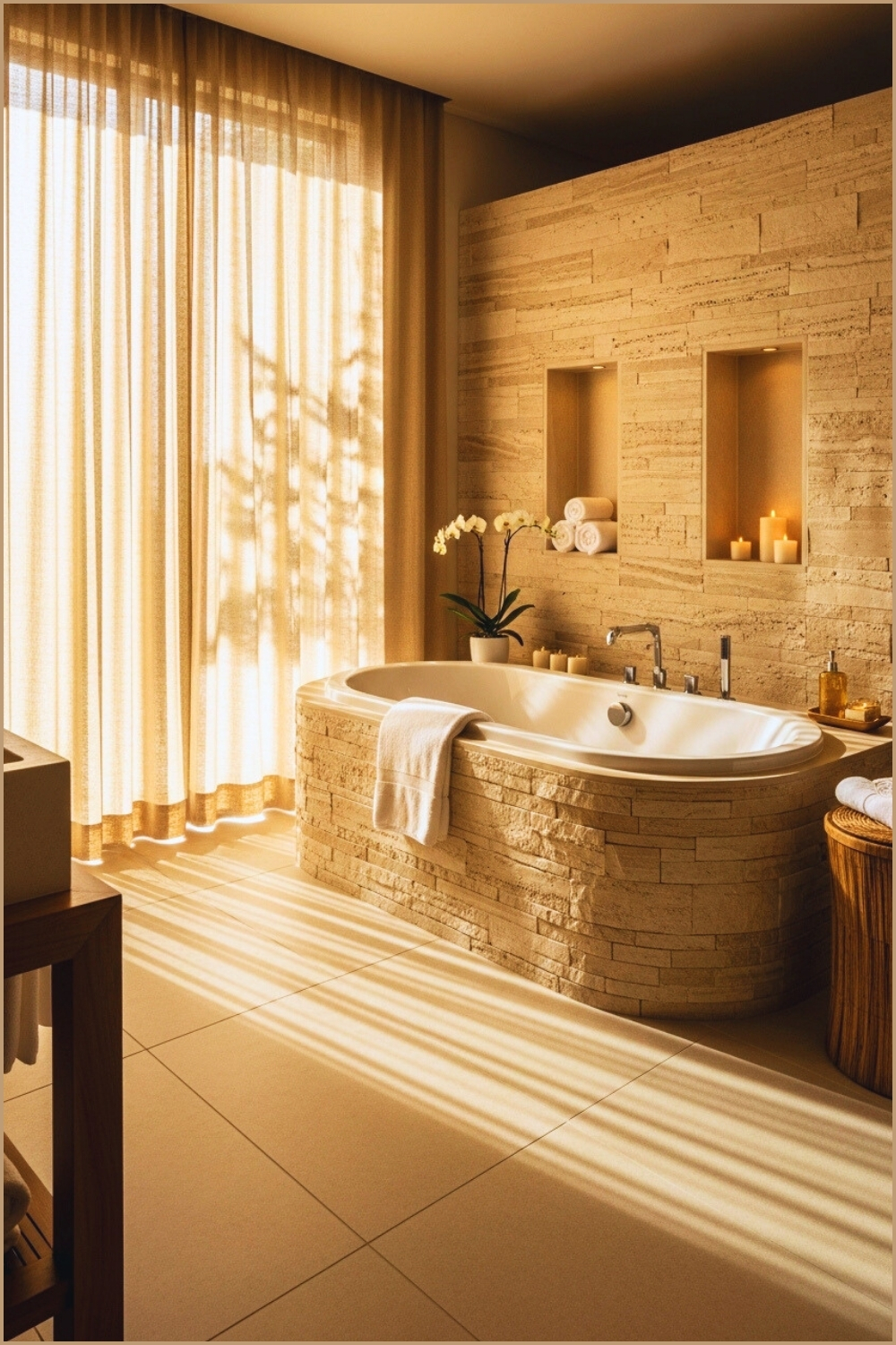 Luxury Spa Bathroom, Freestanding Bathtub Wrapped In Stacked Natural Stone