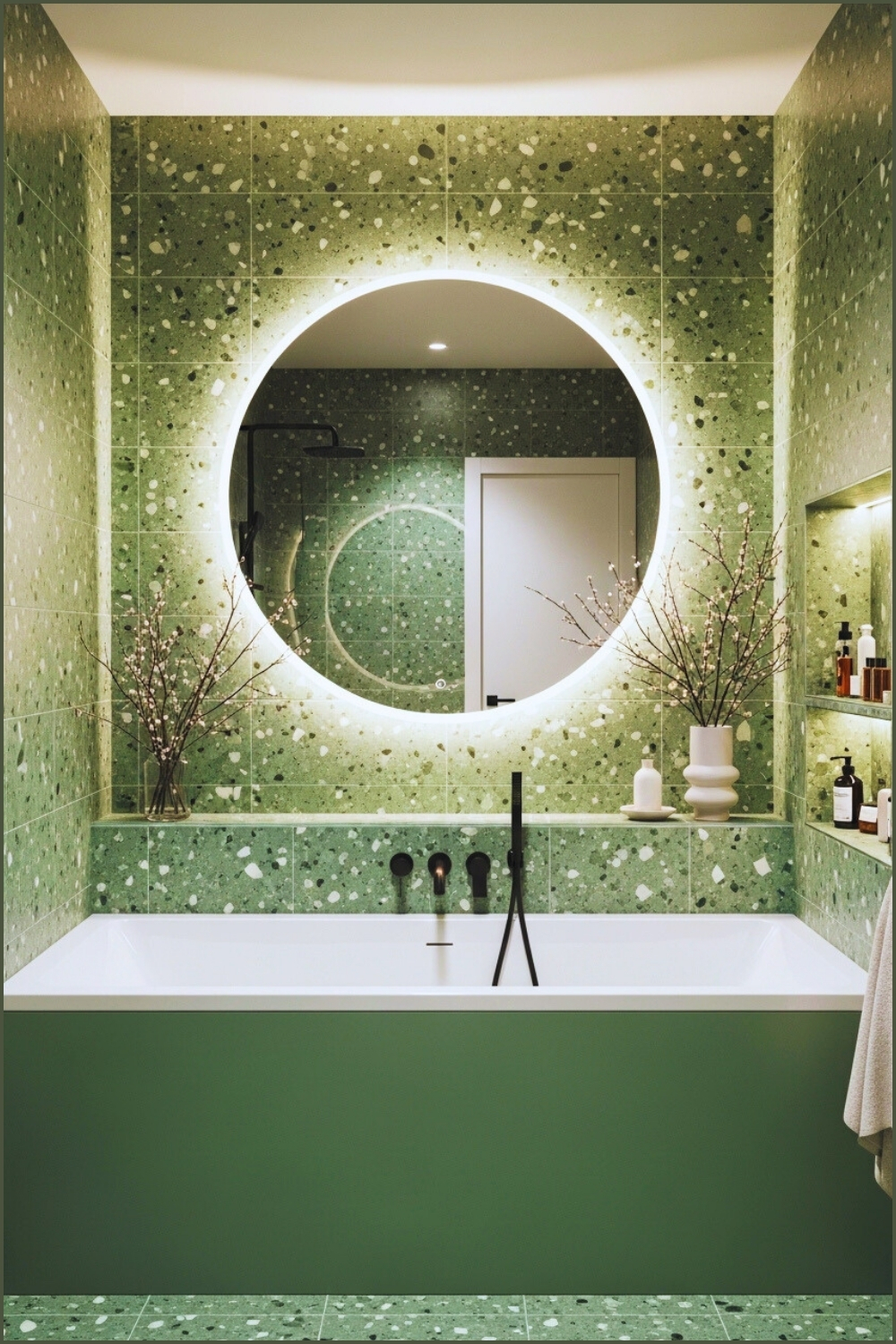 Luxury Spa Bathroom With Green Terrazzo Mosaic Walls