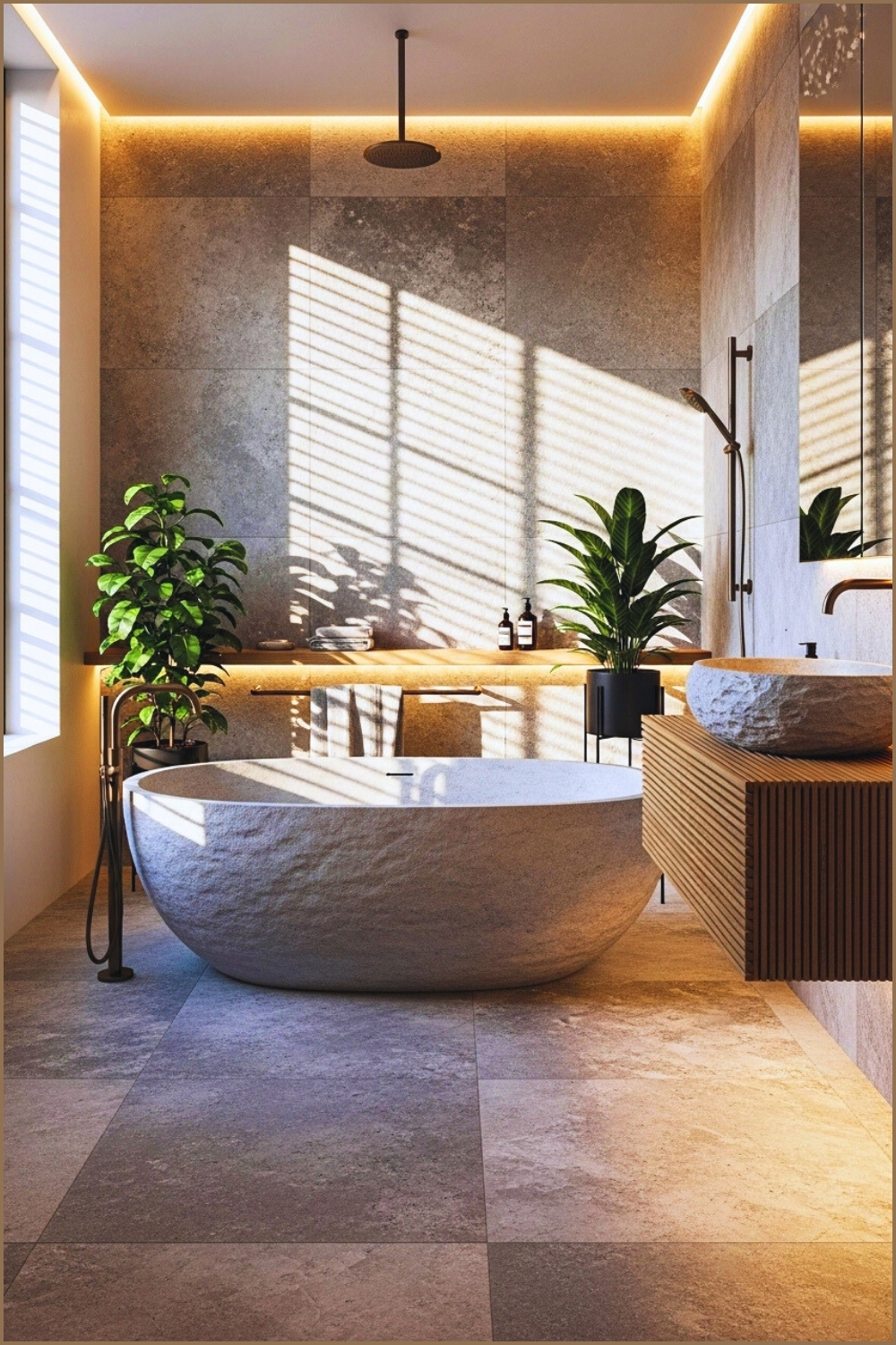 Luxury Spa Bathroom With Sculpted Stone Bathtub