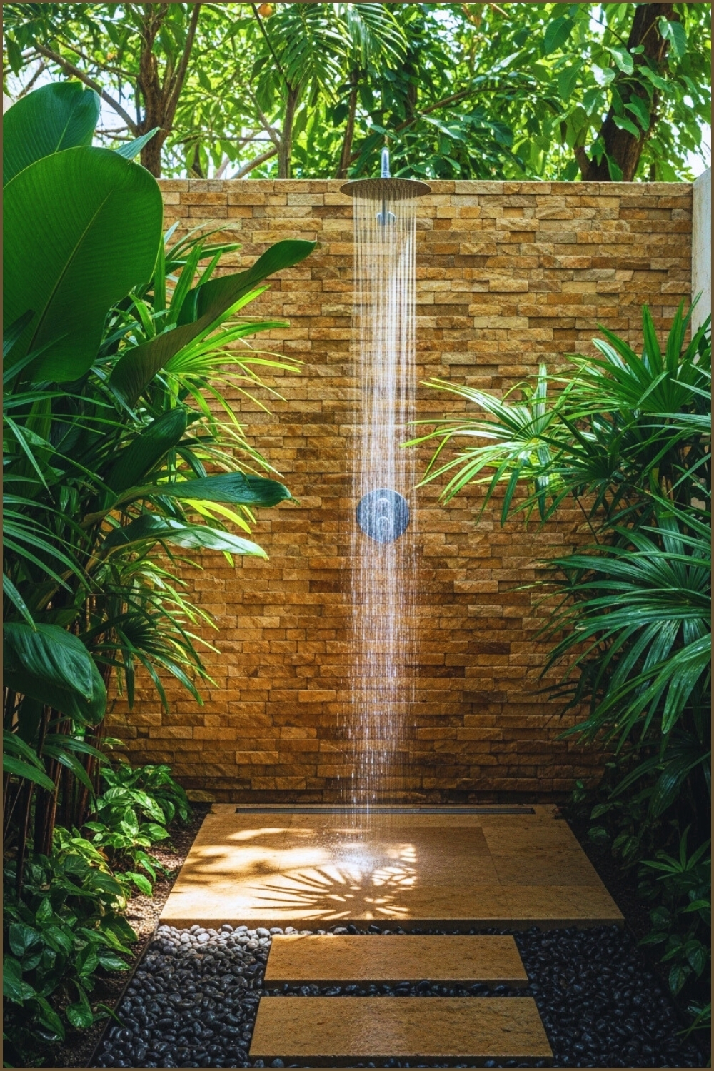Luxury Tropical Outdoor Shower Surrounded By Lush Green