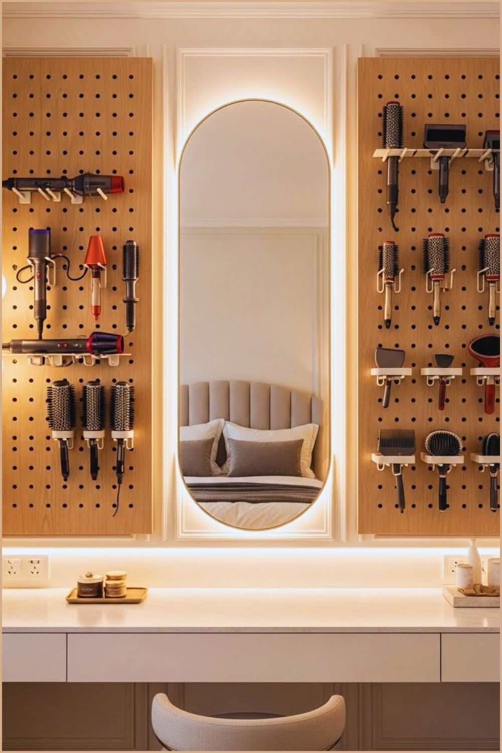 Luxury Vanity Area With Pegboard Storage For Dyson Airwrap