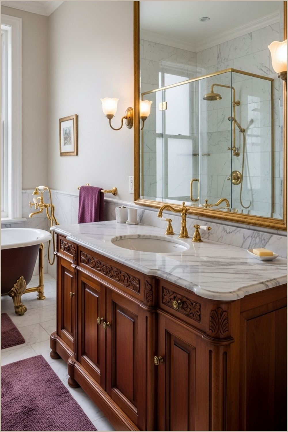 Luxury Vintage Bathroom, Deep Wood Vanity With Marble