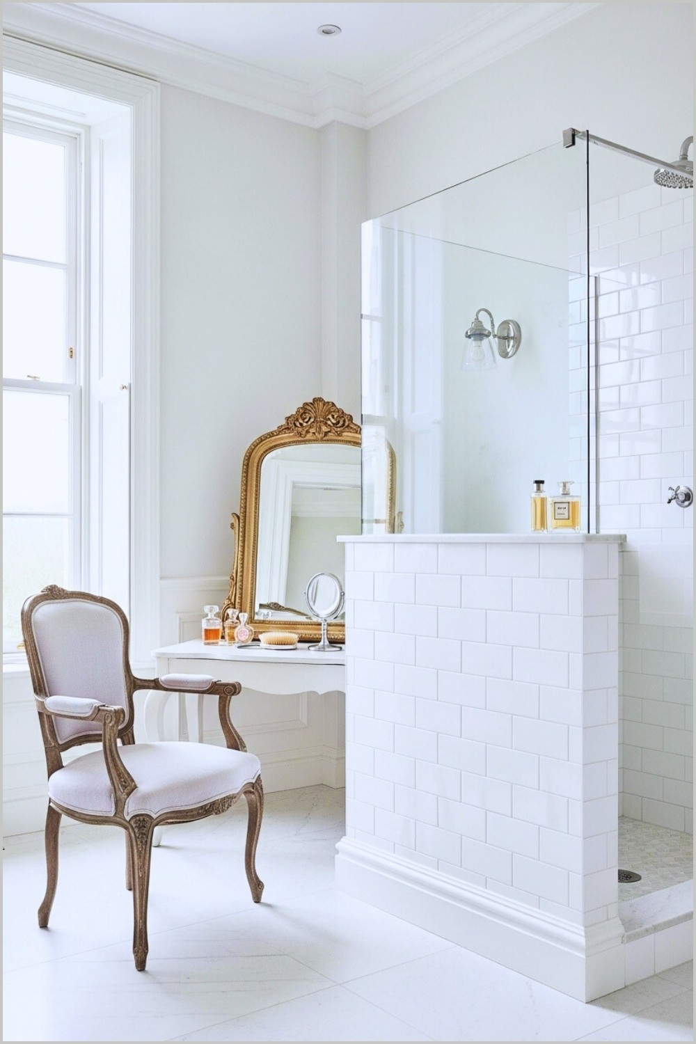 Luxury Vintage Bathroom In Soft White Tones, Elegant Half Wall Shower