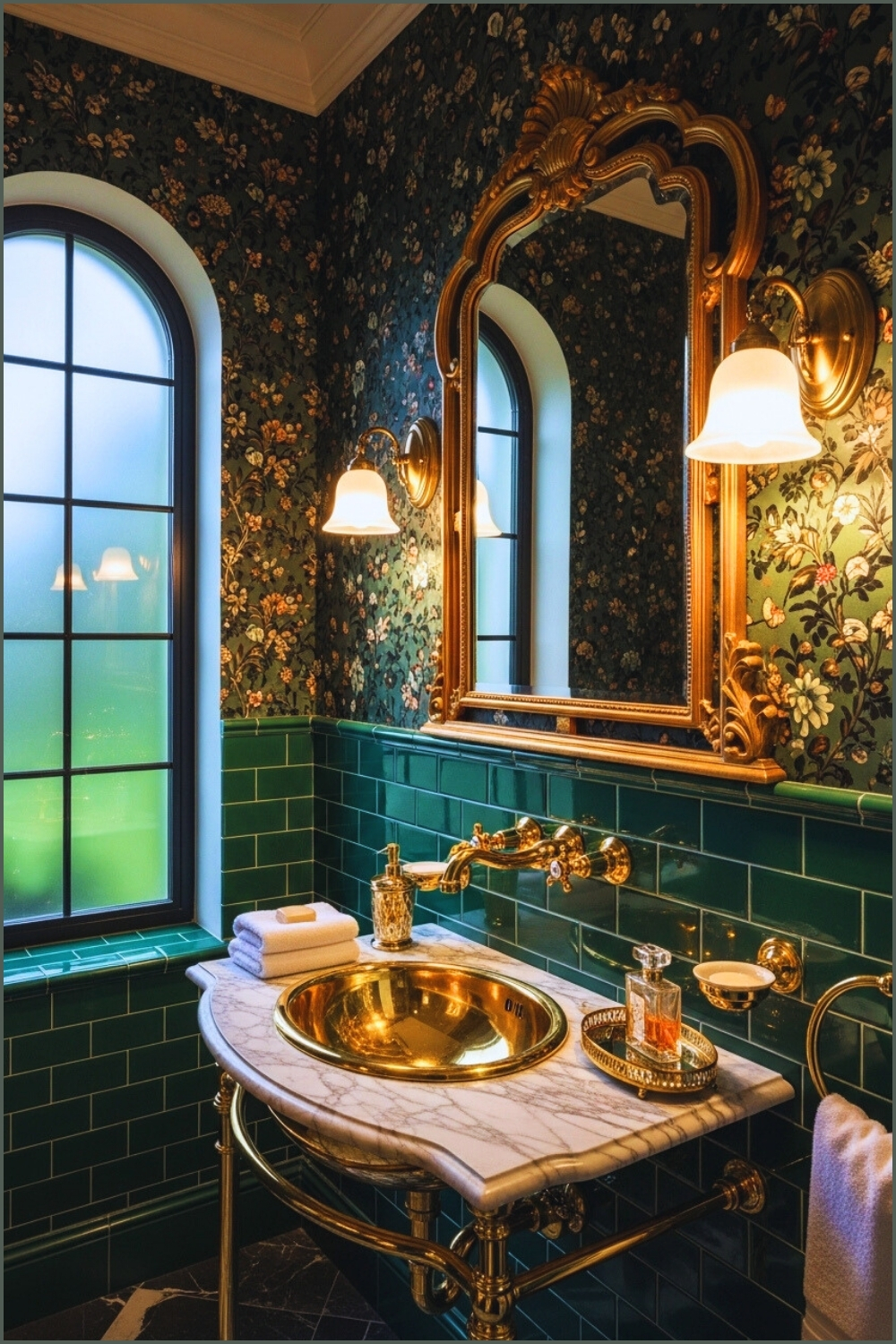 Luxury Vintage Powder Room With Deep Green Floral Wallpaper