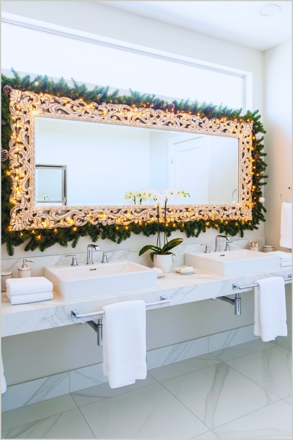 Luxury White Bathroom With Large Mirror Framed In Lush Green