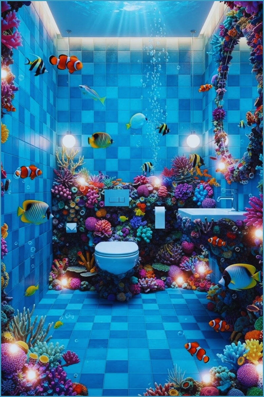 Magical Underwater-themed Bathroom With Bright Blue Tiles