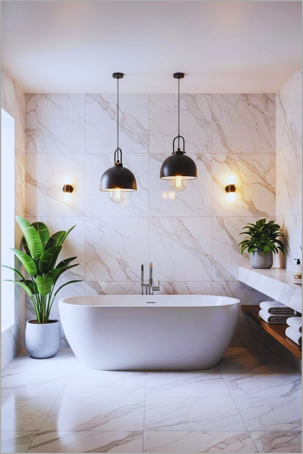 Marble Bathroom With Soft Veining, Modern Black Pendant