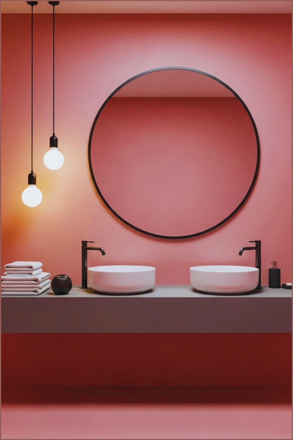 Matte Pink Bathroom With Floating Gray Vanity Shelf, Twin White Vessel Sinks