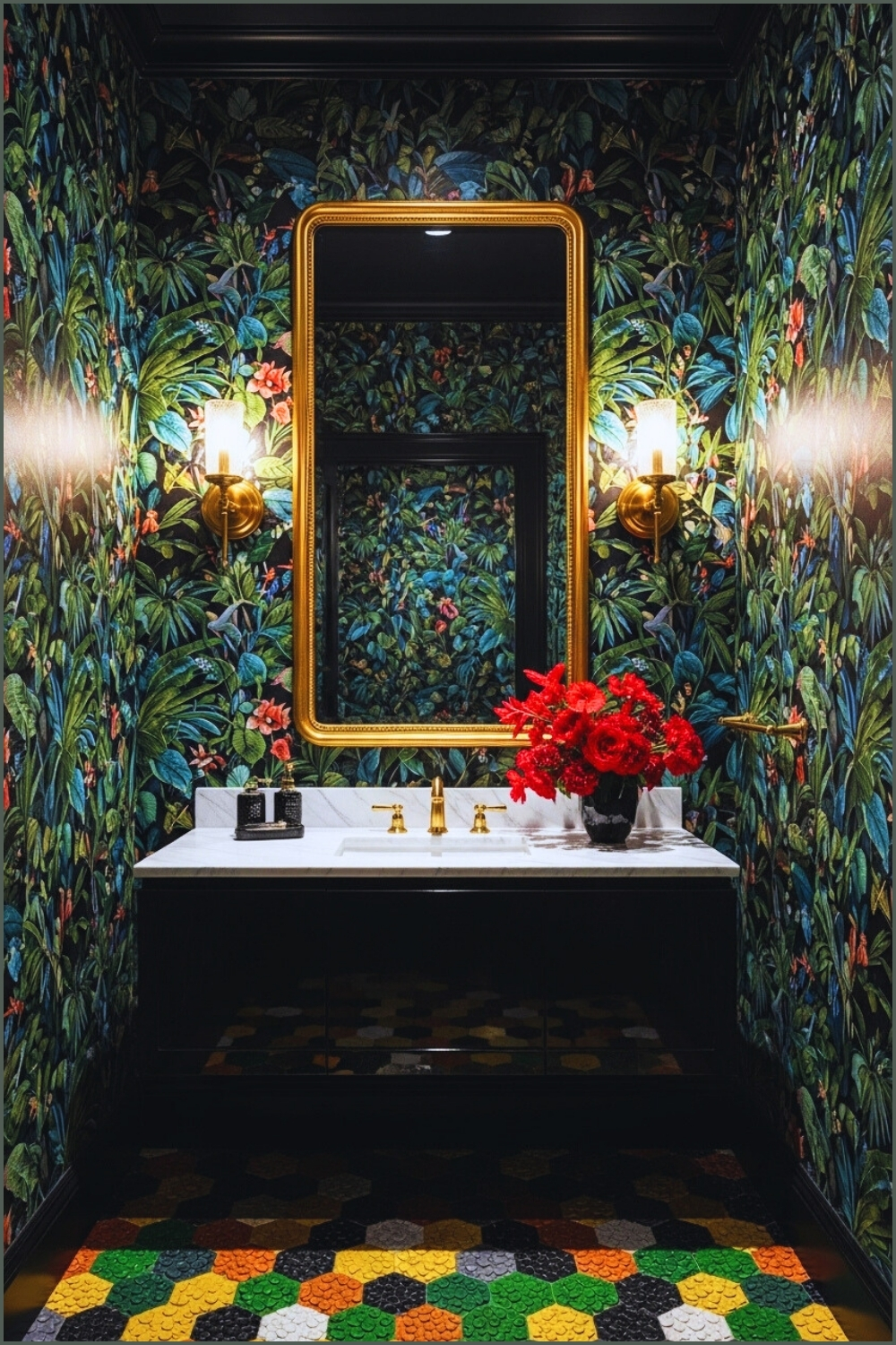 Maximalist Botanical Bathroom Filled With Dark Tropical Foliage