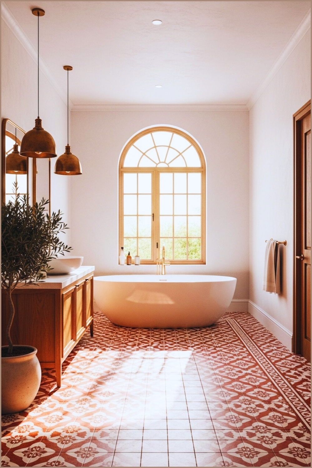 Mediterranean Modern Bathroom, Large Arched Window With Sunlight