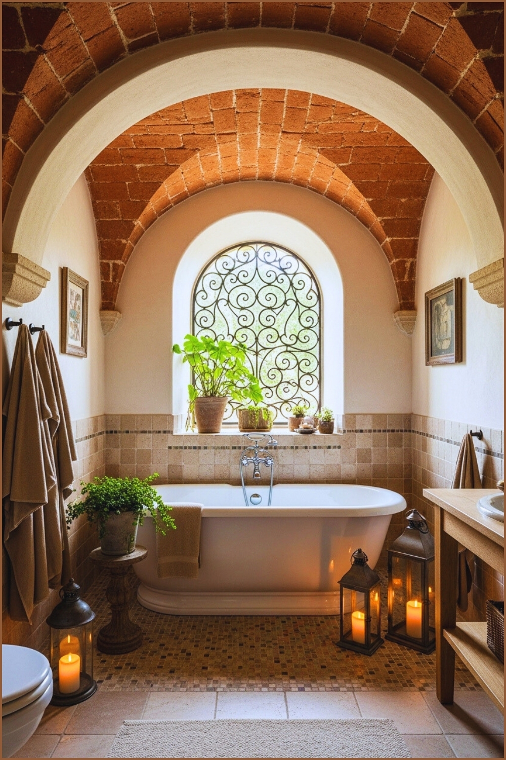 Mediterranean Pink Terracotta Bathroom, Arched Ceilings