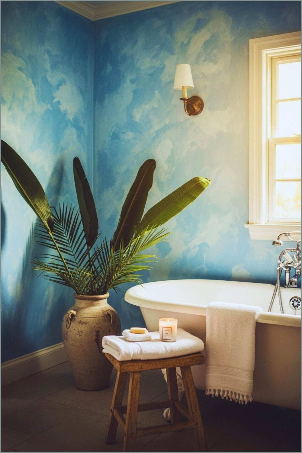 Mediterranean-inspired Bathroom, Artistic Sky-blue Painted Walls
