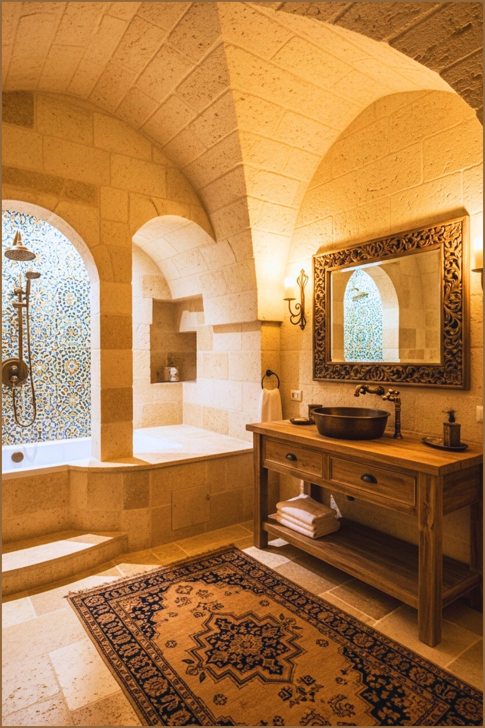 Mediterranean-inspired Bathroom With Stone Vaulted Ceiling