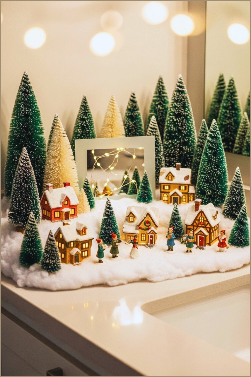 Miniature Christmas Village Display On Bathroom Countertop