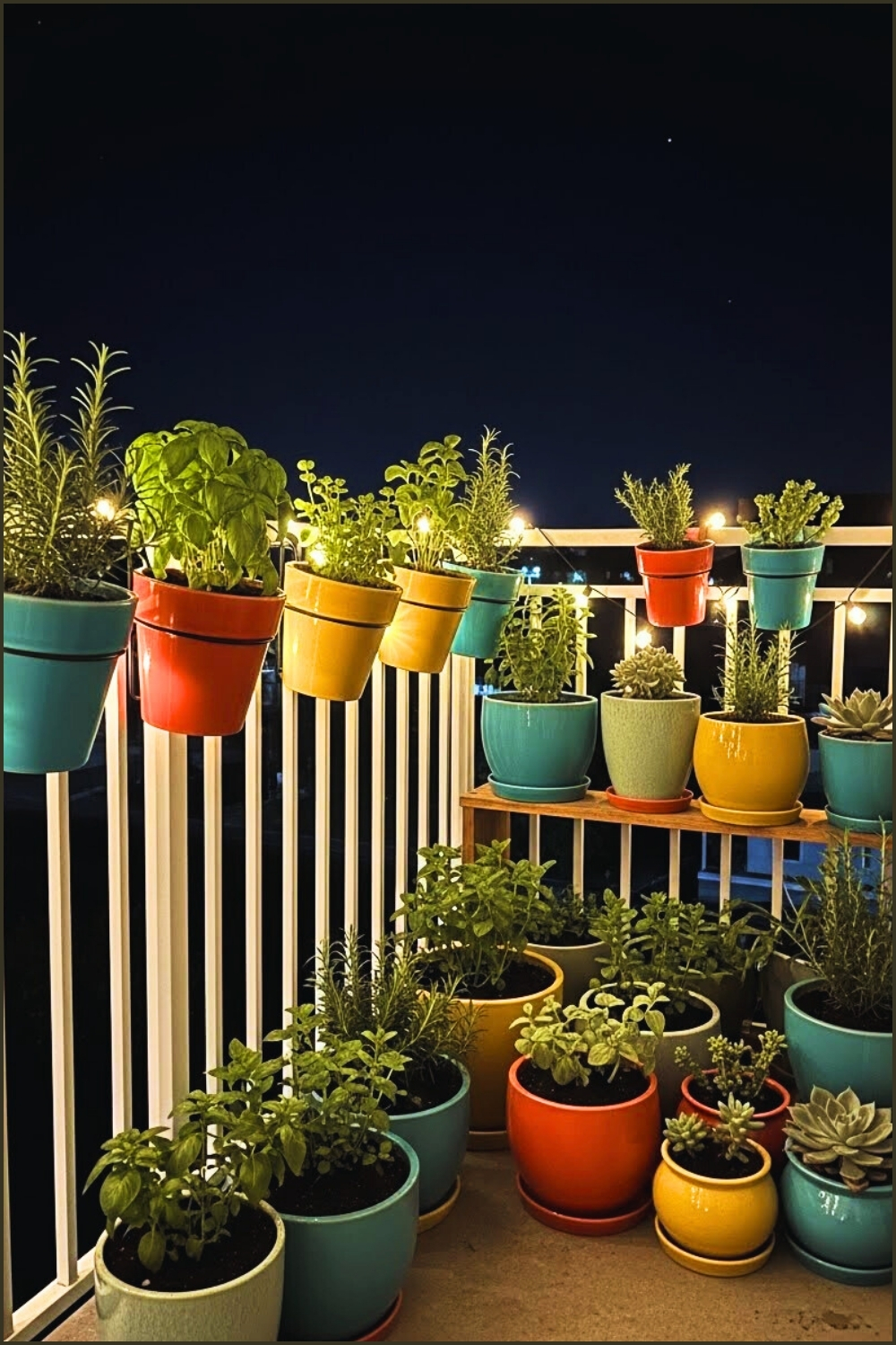 Minimal Balcony Garden At Night, White Railing Wrapped