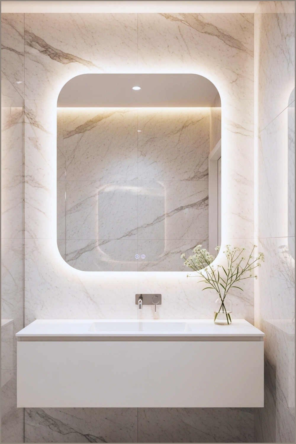 Minimal Bathroom With Rounded-edge Backlit Mirror, Faint Glowing Led