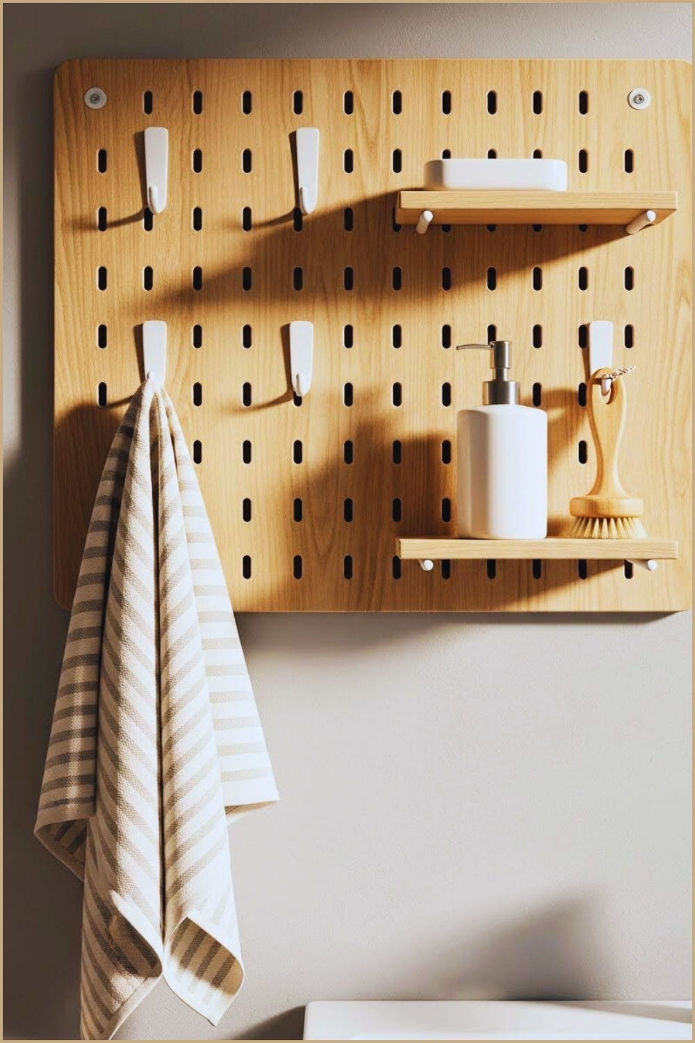 Minimal Bathroom With Wooden Pegboard Organizer