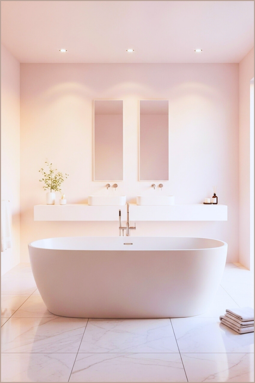 Minimal Blush Pink Bathroom, Floating Freestanding White Bathtub