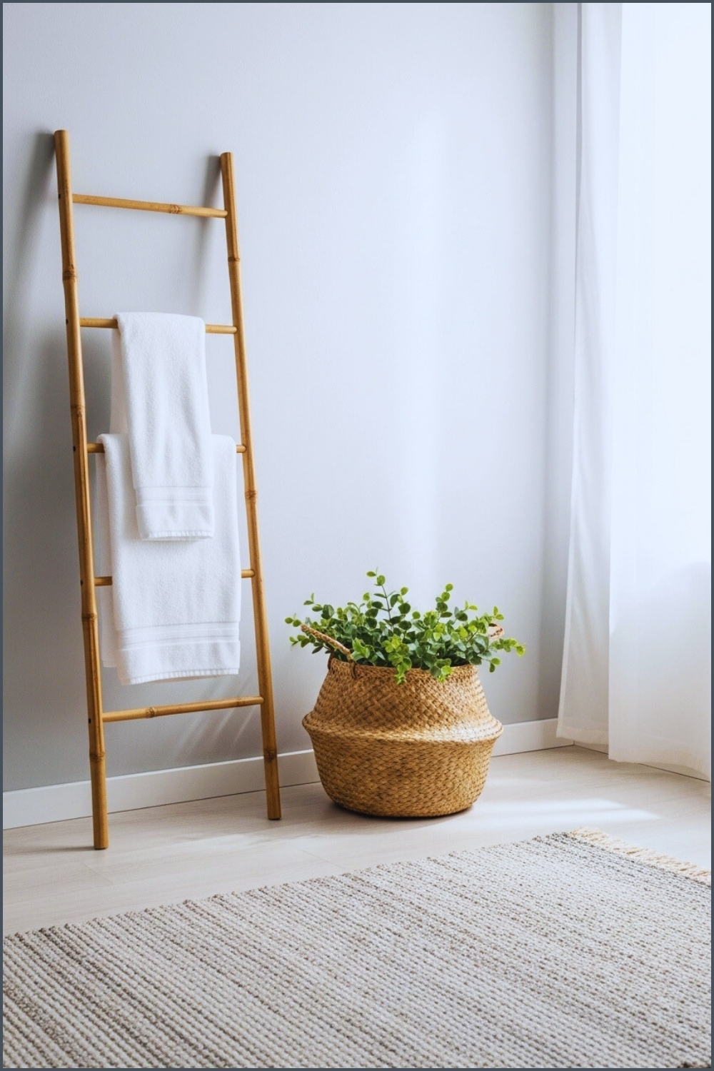 Minimal Boho Bathroom, Gray Wall, Bamboo Ladder Towel Rack