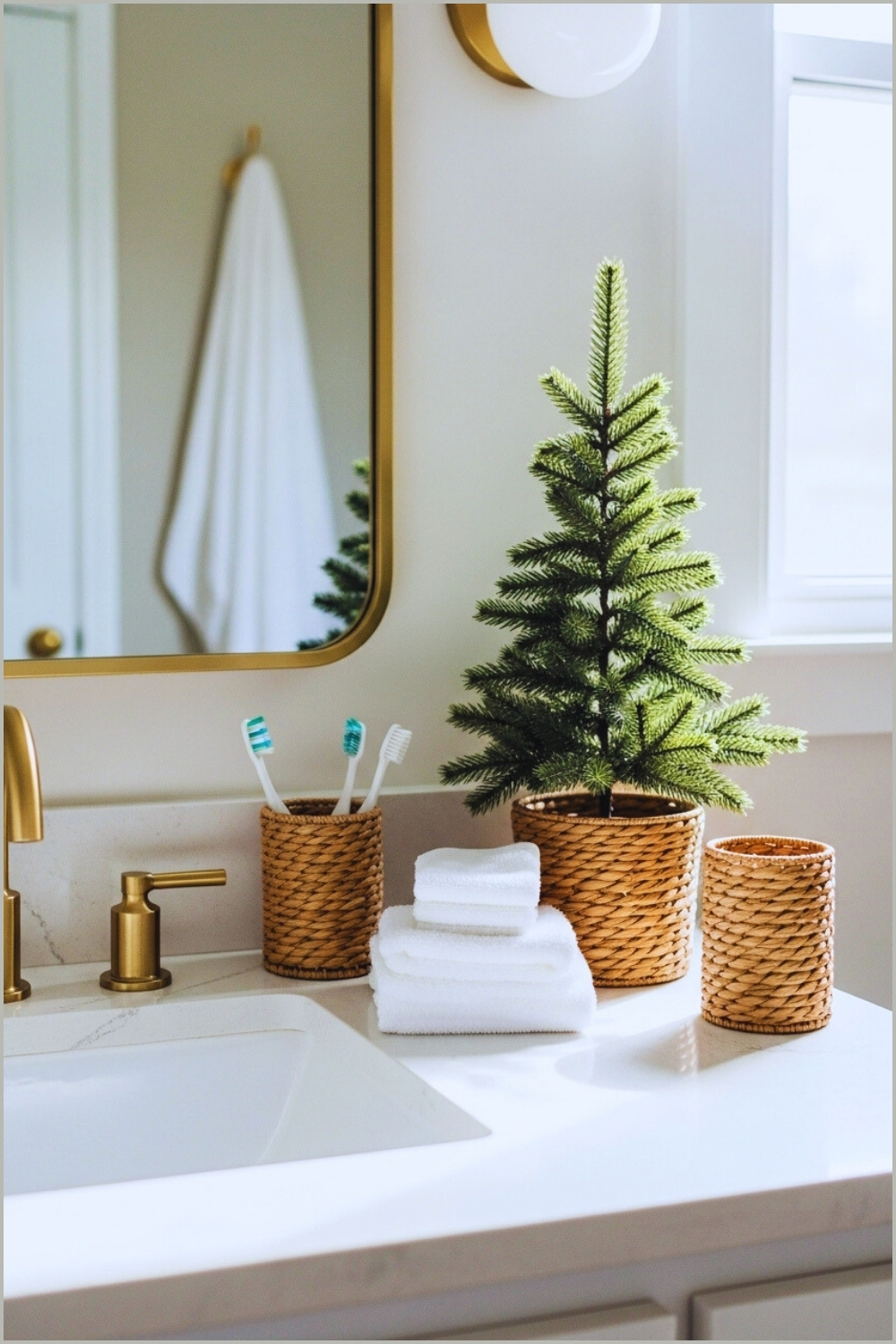 Minimal Farmhouse Bathroom Sink Counter, Small Artificial Pine