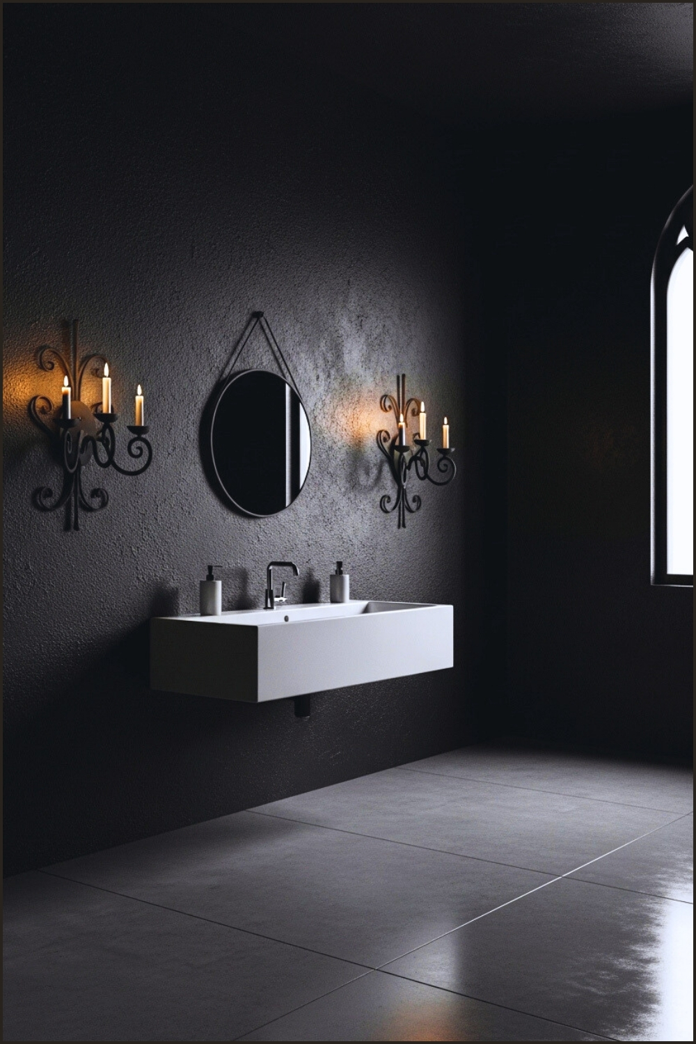Minimal Gothic Bathroom, Deep Black Textured Walls, Floating White Sink
