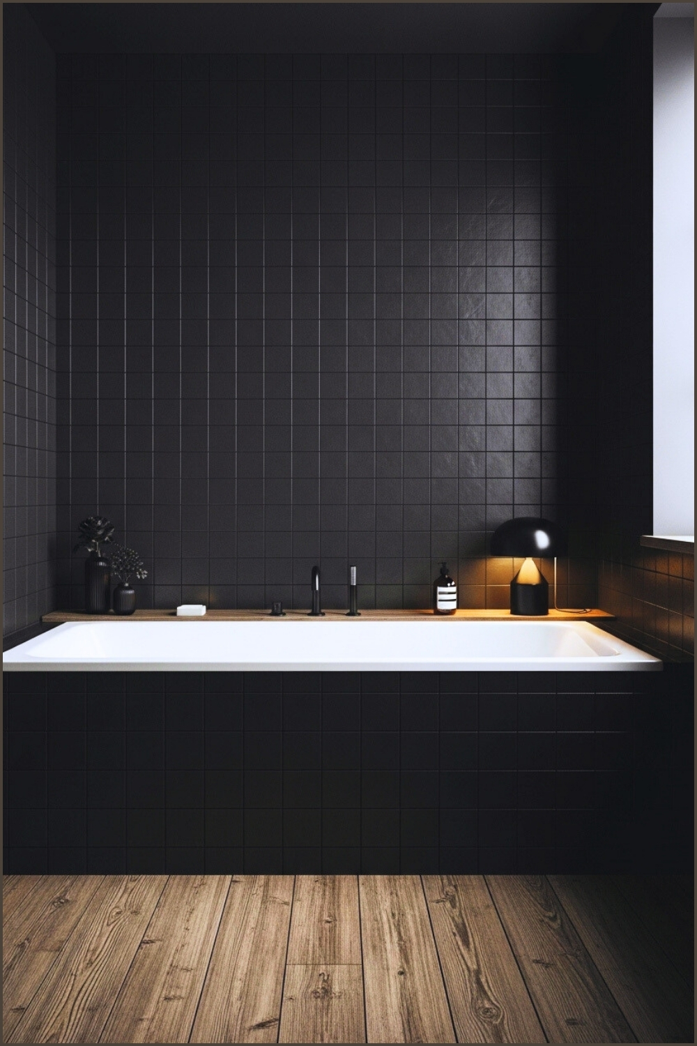 Minimal Gothic Bathroom, Matte Black Tile Walls, Square Tub